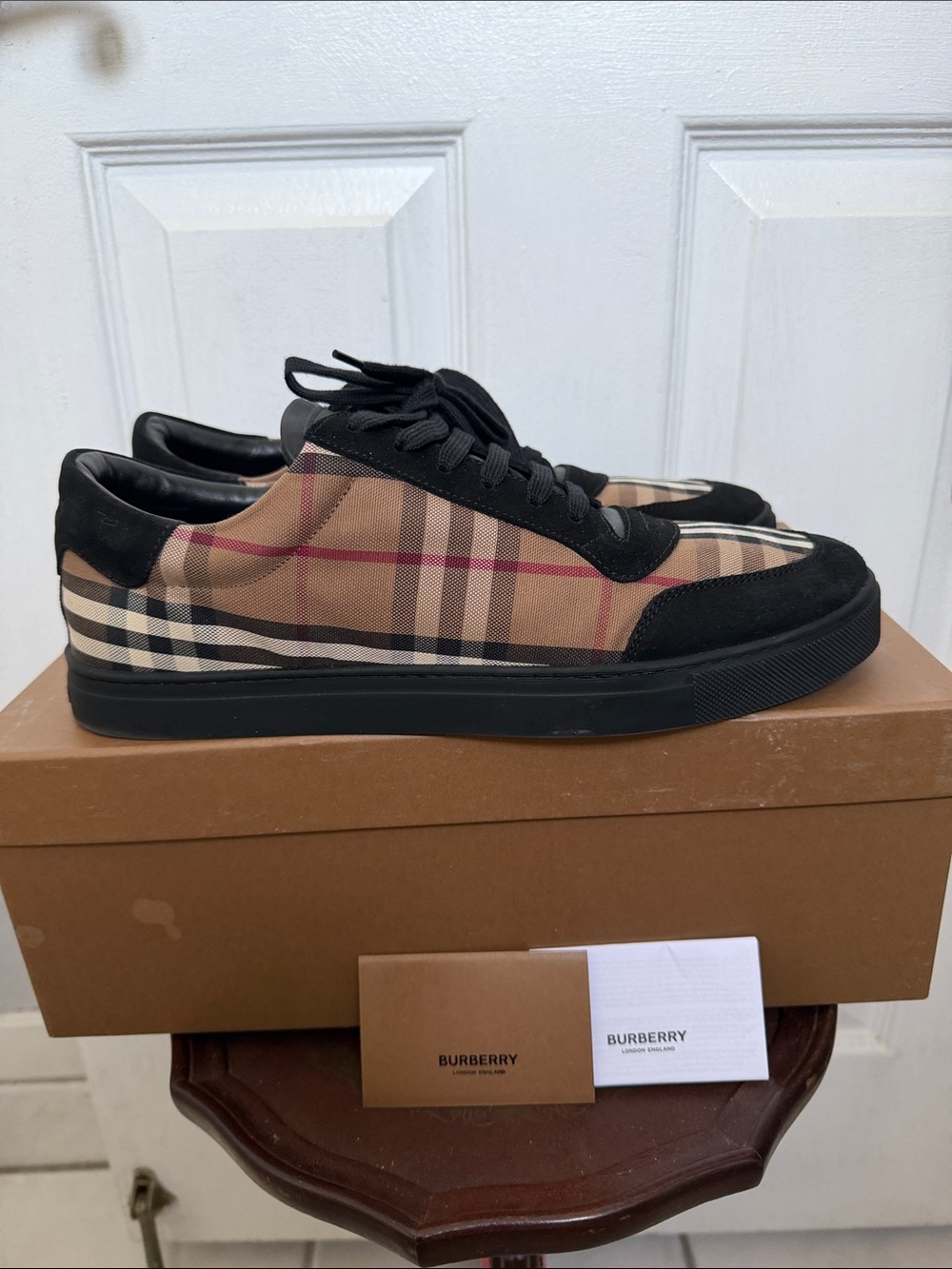 Burberry Tan Check Low-Top Sneakers with Black Accents